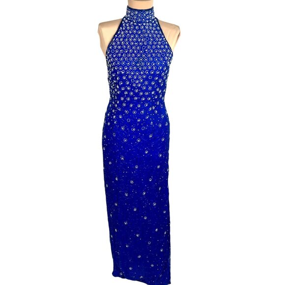 VTG 90s Ibiza Silk Hand Beaded Halter Neck Column Gown S Maxi Dress Royal Blue - Picture 2 of 12
